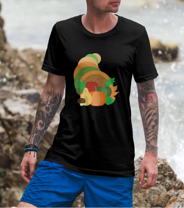 Cornucopia Harvest Pumpkin Apple Fall Leaves Squash Mushroom T-Shirt