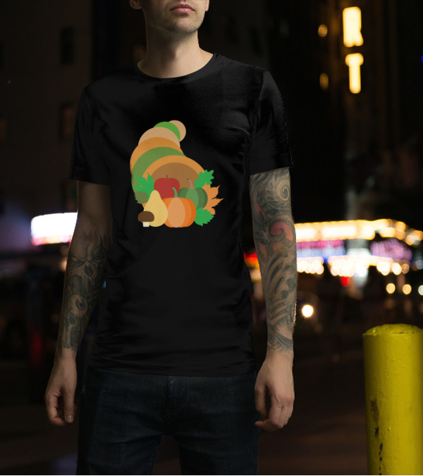 Cornucopia Harvest Pumpkin Apple Fall Leaves Squash Mushroom T-Shirt