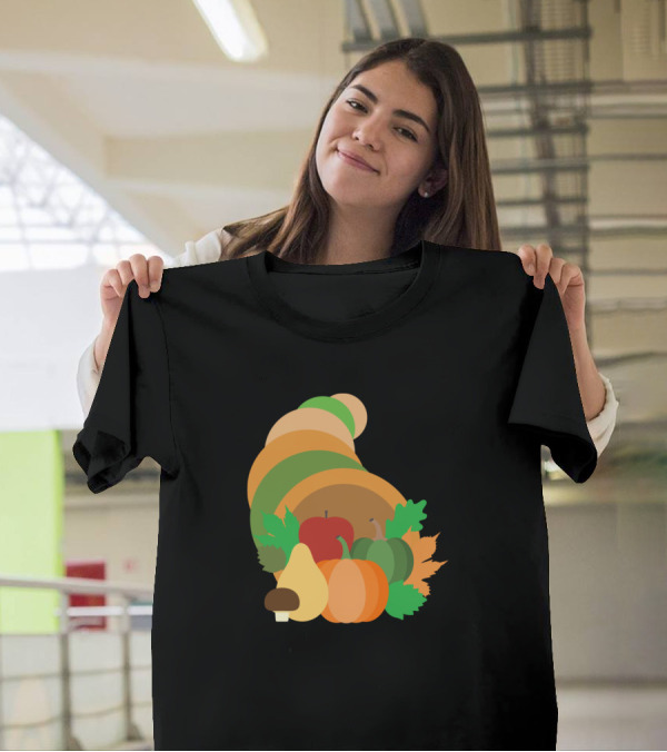 Cornucopia Harvest Pumpkin Apple Fall Leaves Squash Mushroom T-Shirt