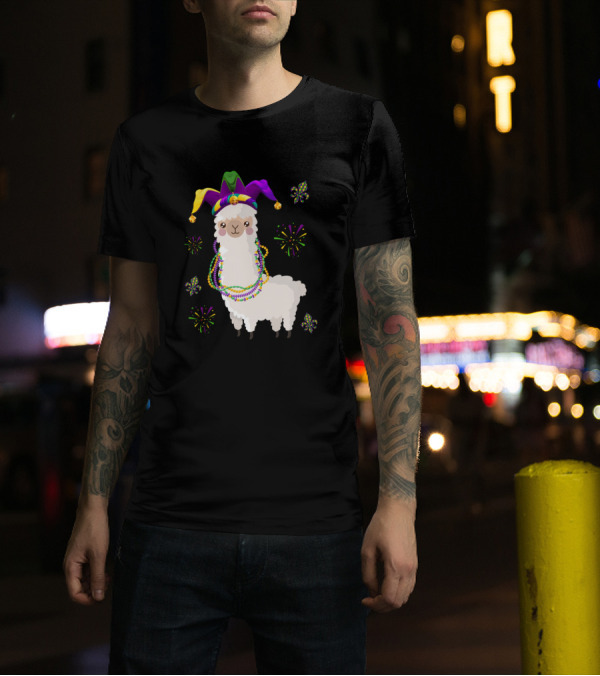 Mardi Gras Llama With Jester Hat And Beads T-Shirt