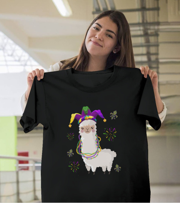 Mardi Gras Llama With Jester Hat And Beads T-Shirt