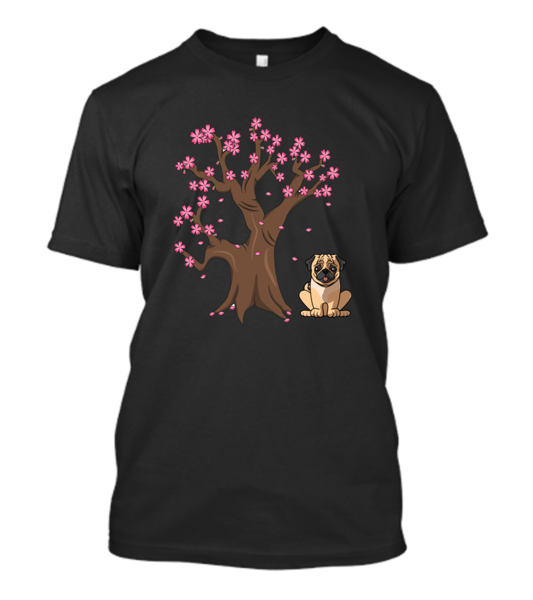 Cute Pug With Japanese Cherry Blossom Tree T-Shirt