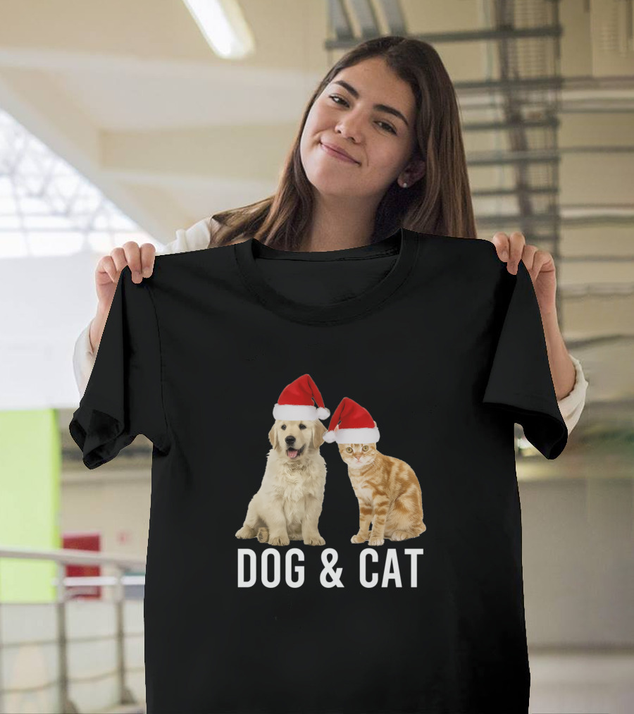 Dog And Cat Santa Hats Holiday Duo T-Shirt