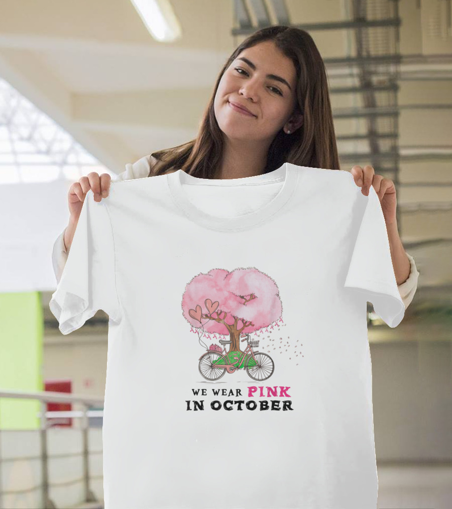 We Wear Pink in October Breast Cancer Awareness Tree and Bicycle T-Shirt