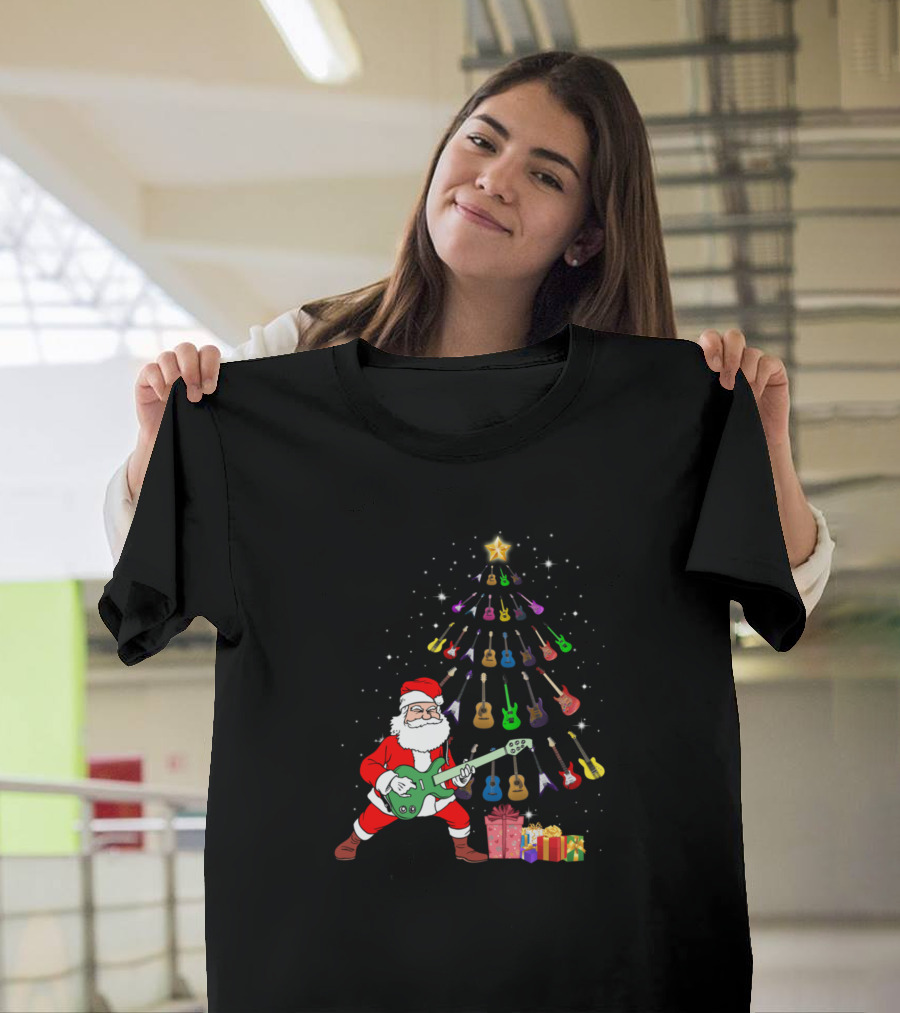 Merry Christmas Funny Santa Playing Guitar with Colorful Guitar Christmas Tree and Presents T-Shirt