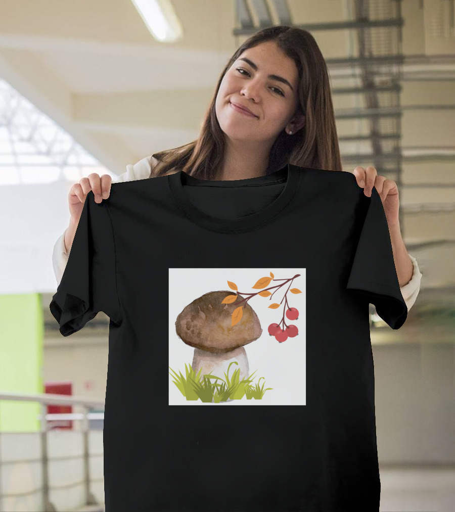 Mushroom And Red Berries With Leaves And Grass T-Shirt