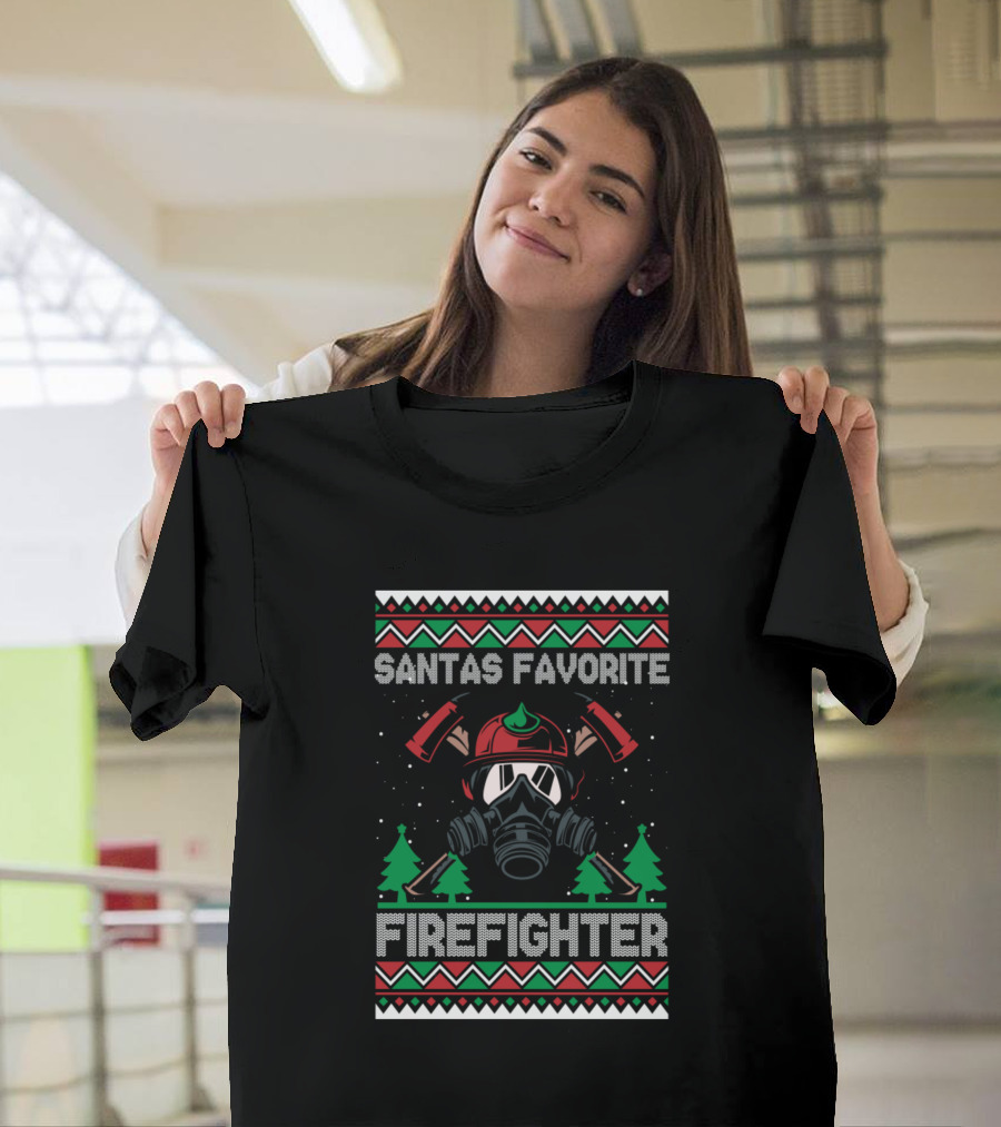Santas Favorite Firefighter Christmas Trees and Axes Festive Firefighter Helmet and Gas Mask T-Shirt