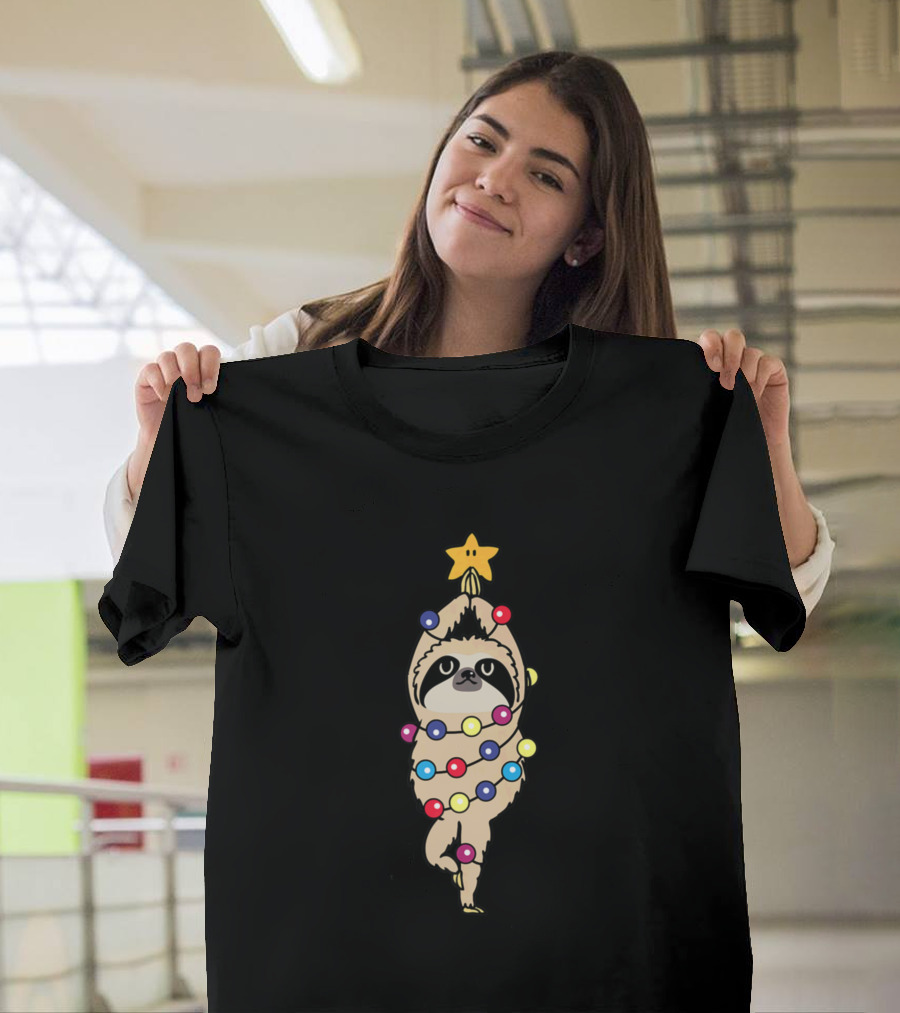 Sloth Merry Yoga Pose with Christmas Lights and Star T-Shirt