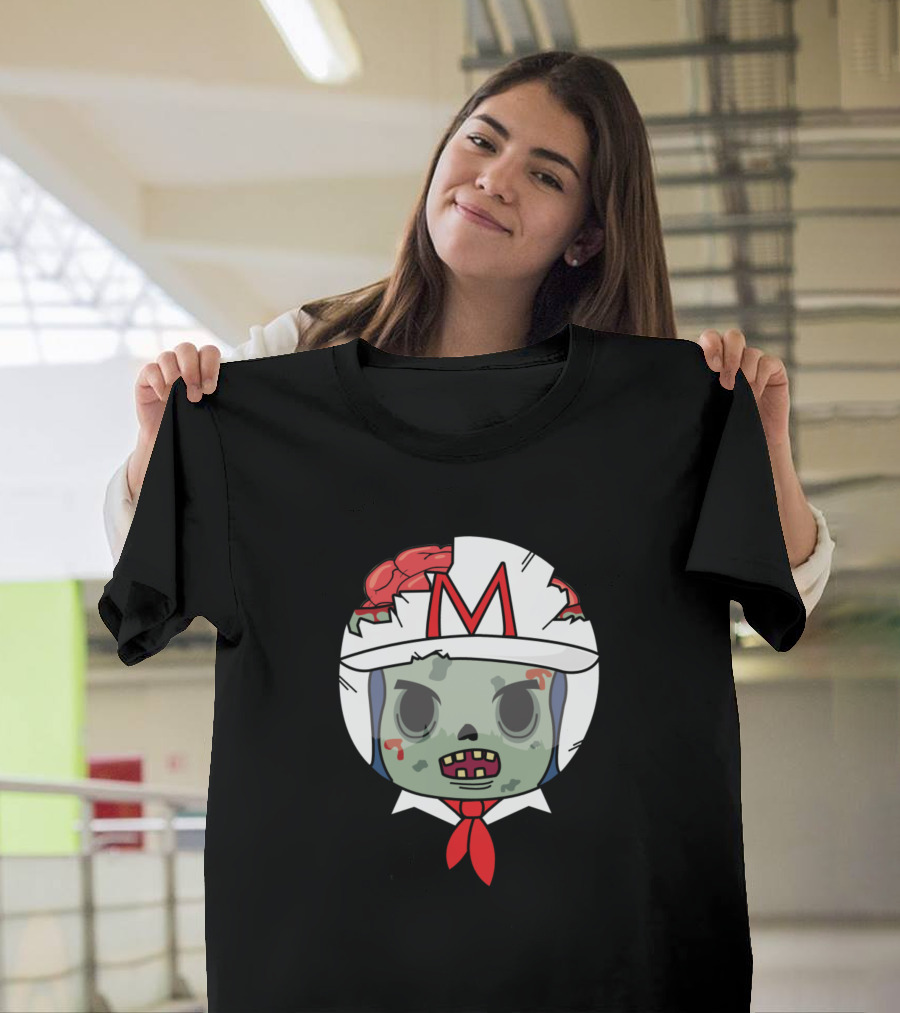 Speed Racer Zombie Helmet Icon with Green Face and Brain on a T-Shirt