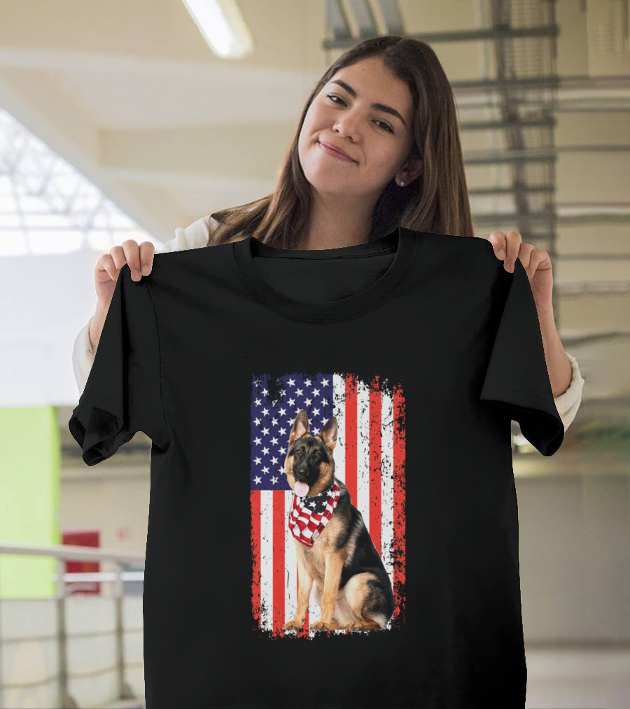 American Flag German Shepherd Dog with USA Bandana T-Shirt