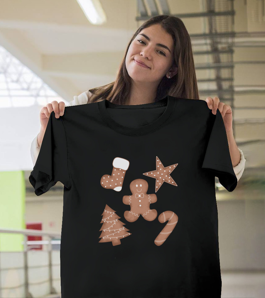 Cute Gingerbread Cookies with Christmas Tree Star Stocking and Candy Cane T-Shirt