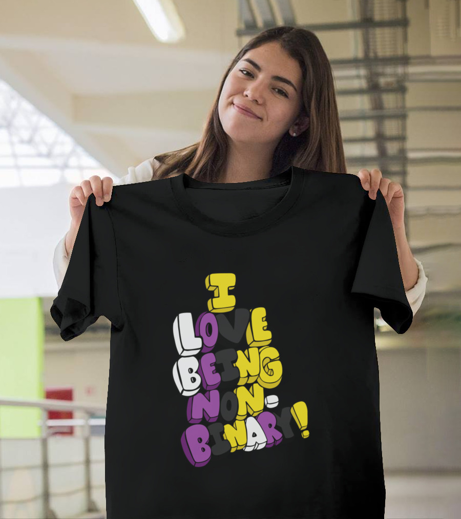 I Love Being Non Binary 3D Text Design with Yellow White Purple Black Colors T-Shirt