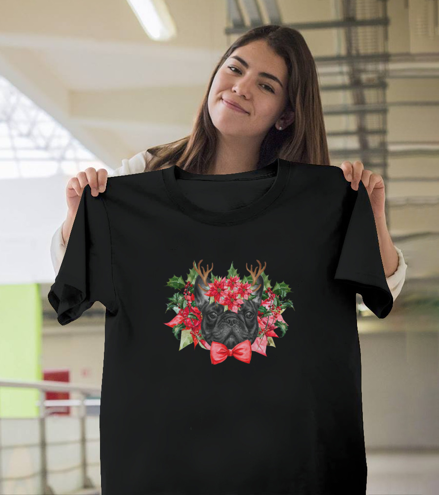 Merry Woofmas Frenchie Antlers and Poinsettia Holiday T-Shirt