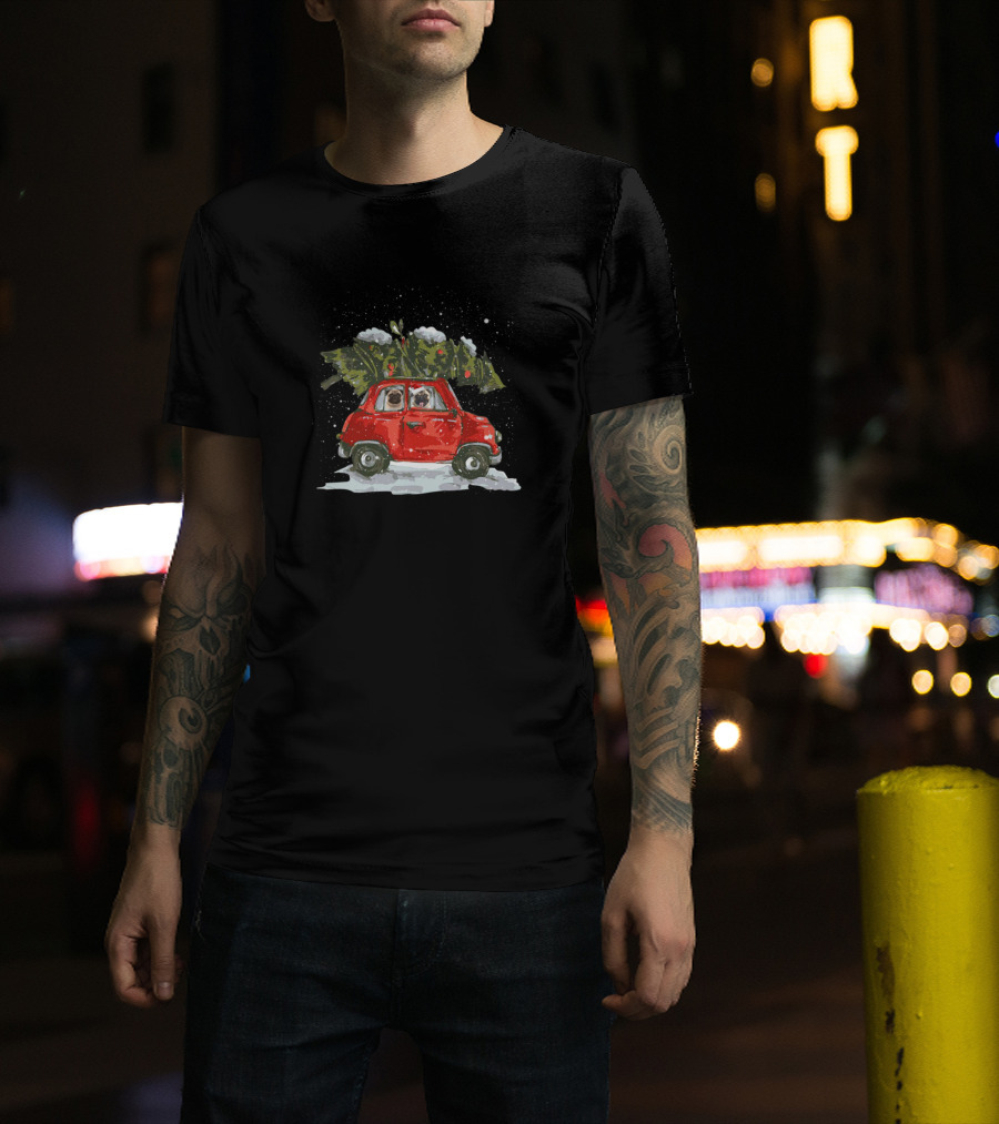 Pug Merry Christmas Riding Red Car With Tree T-Shirt
