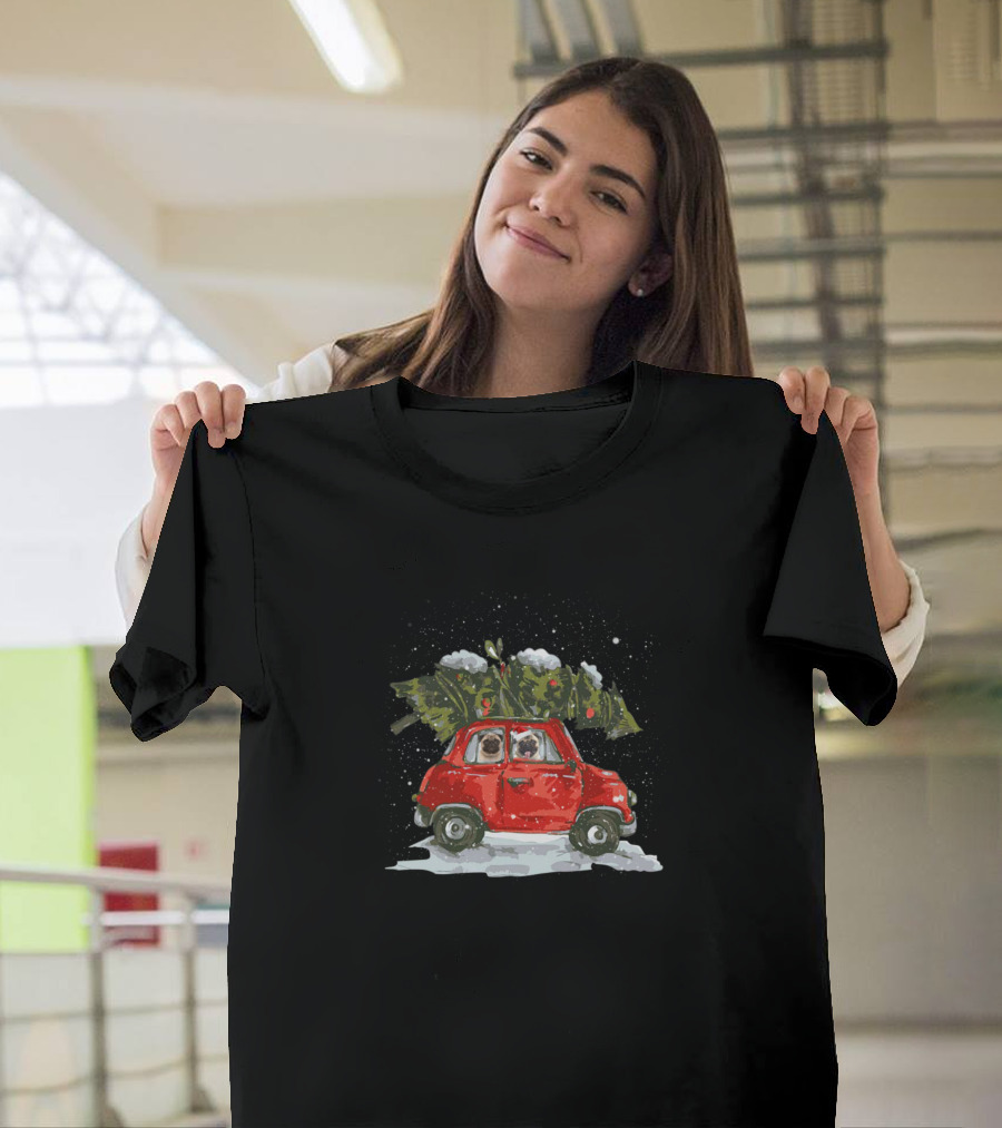 Pug Merry Christmas Riding Red Car With Tree T-Shirt