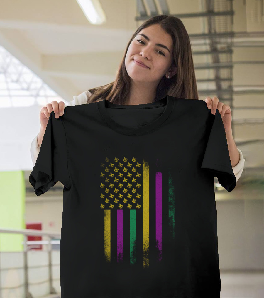 Us Mardi Gras Flag Fleur De Lis Stripes T-Shirt