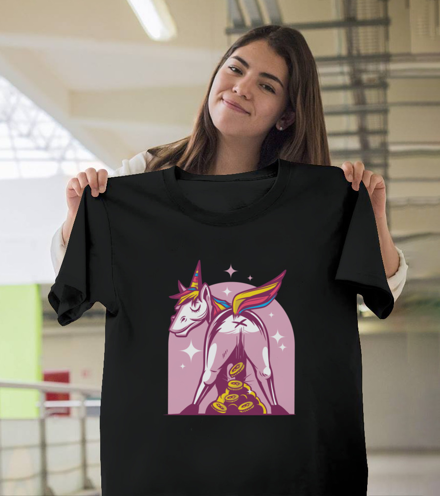 Unicorn Pooping Glittery Bitcoin Coins with Rainbow Mane and Tail T-Shirt