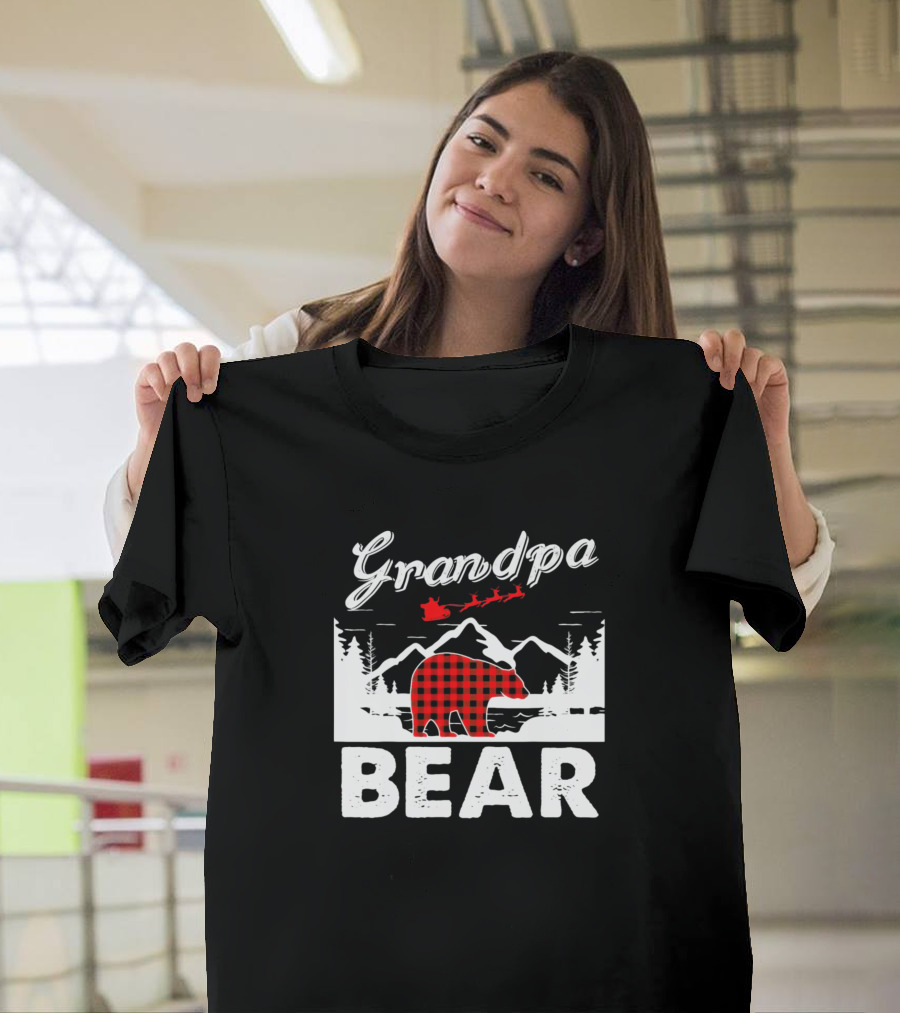 Grandpa Bear Christmas Red Plaid with Mountains and Santa T-Shirt