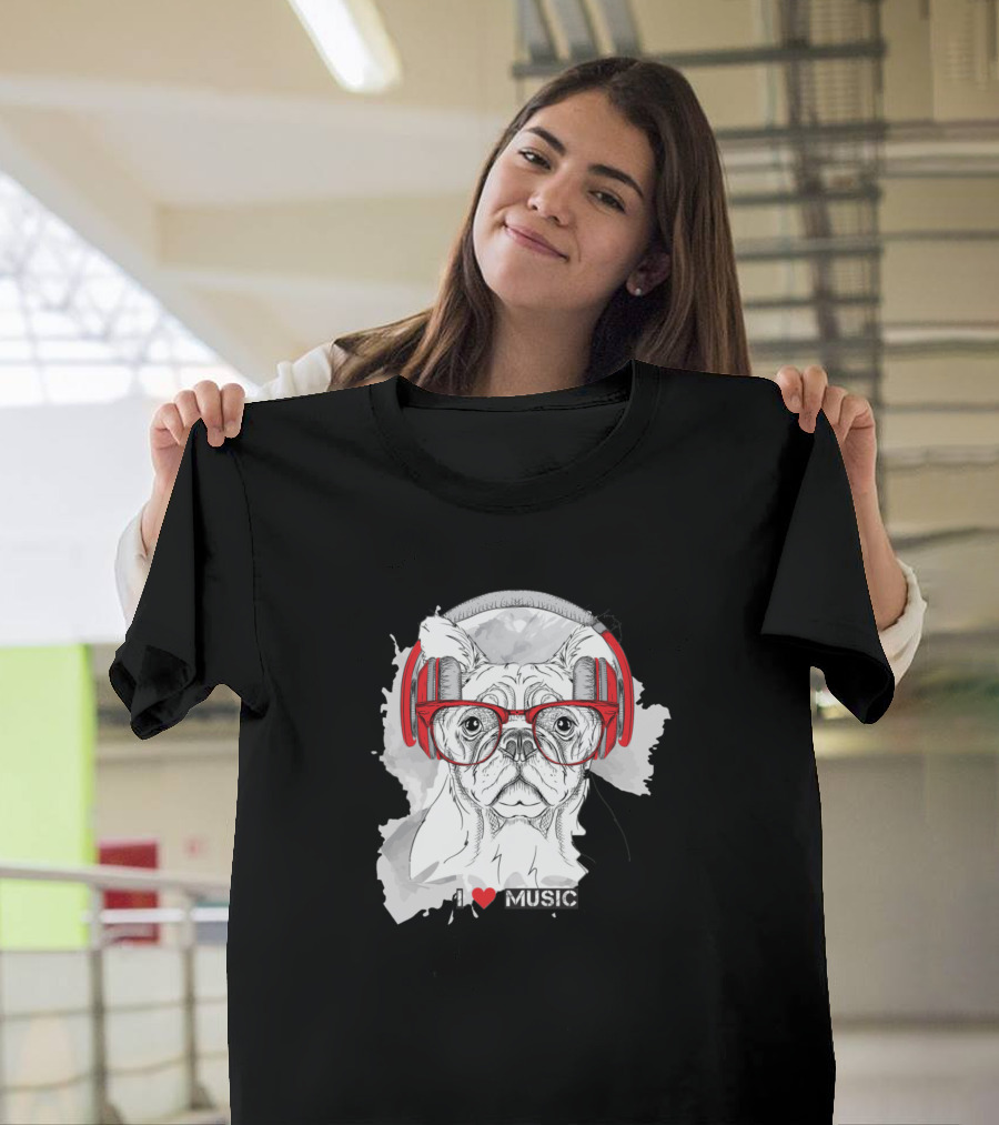 I Love Music Funny Dog Headphones Glasses Bulldog T-Shirt