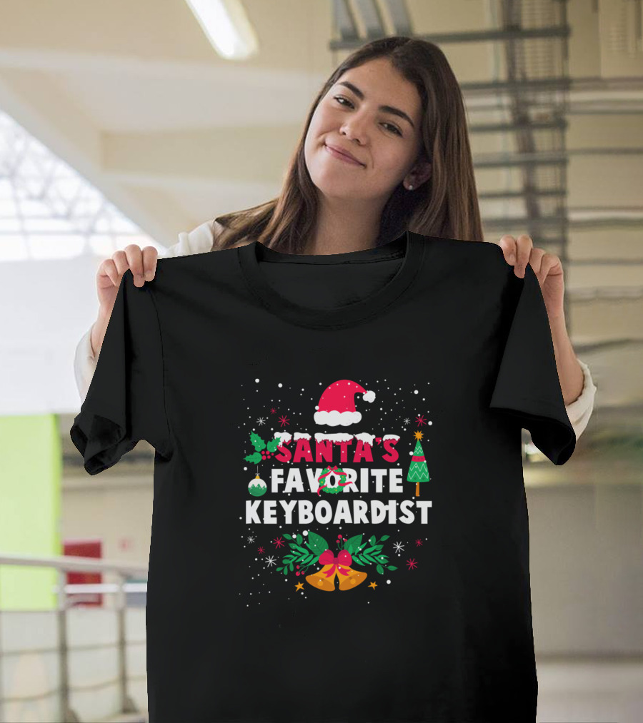 Santa's Favorite Keyboardist Christmas Santa Hat and Bells T-Shirt