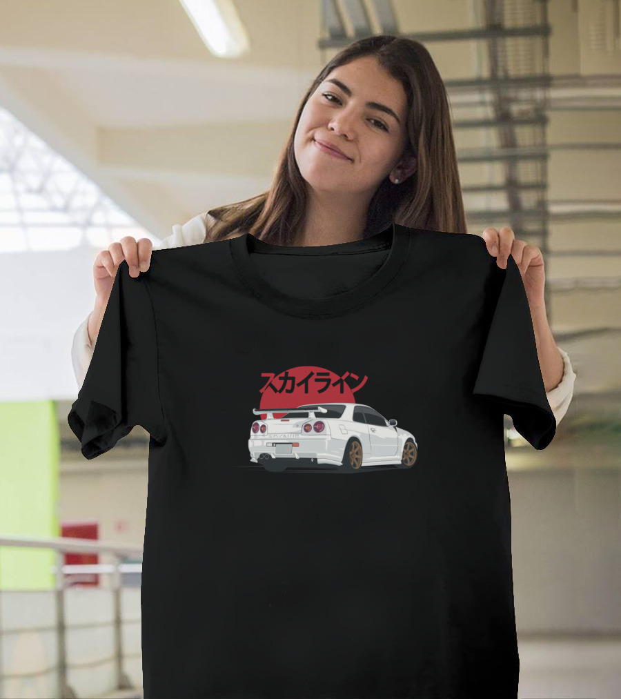 Skyline GT-R R34 White Car with Japanese Text and Red Sun T-Shirt
