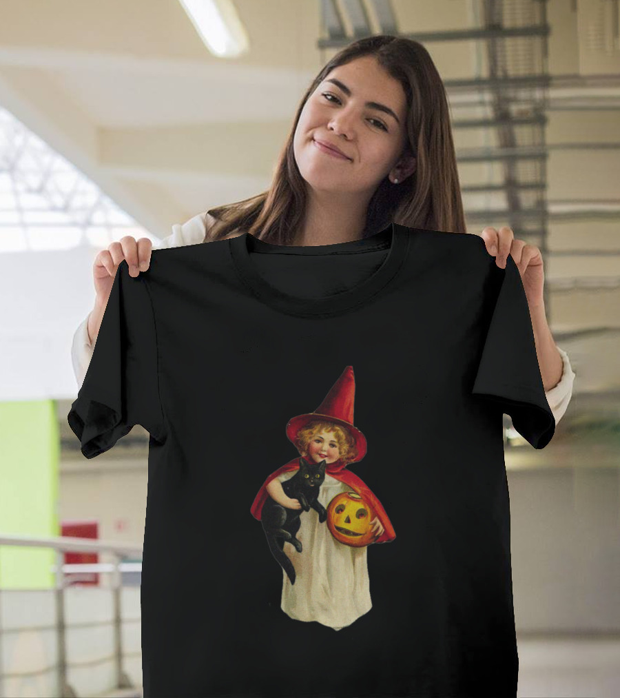 Witcher Girl Halloween Vintage Witch with Black Cat and Pumpkin T-Shirt
