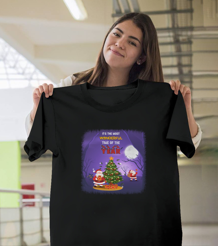 IT'S THE MOST WONDERFUL TIME OF THE YEAR Christmas Tree Santa Moon Scene T-Shirt