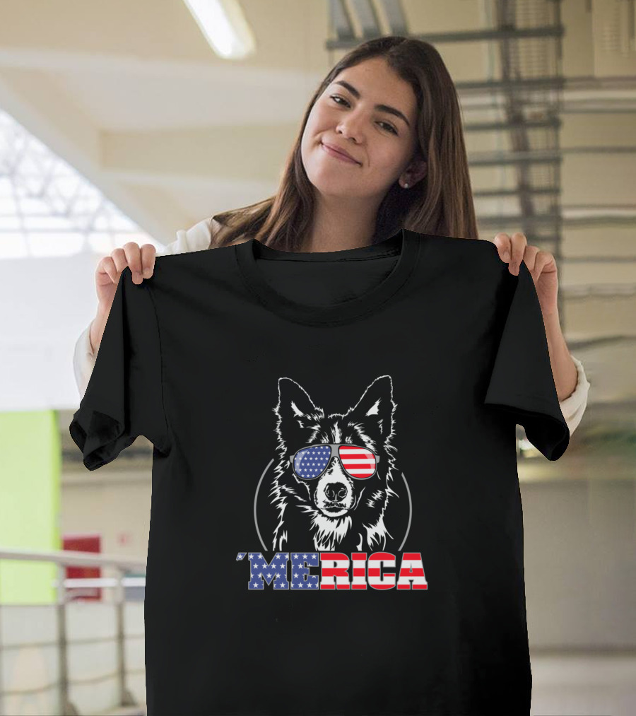 Merica Border Collie with American Flag Sunglasses T-Shirt
