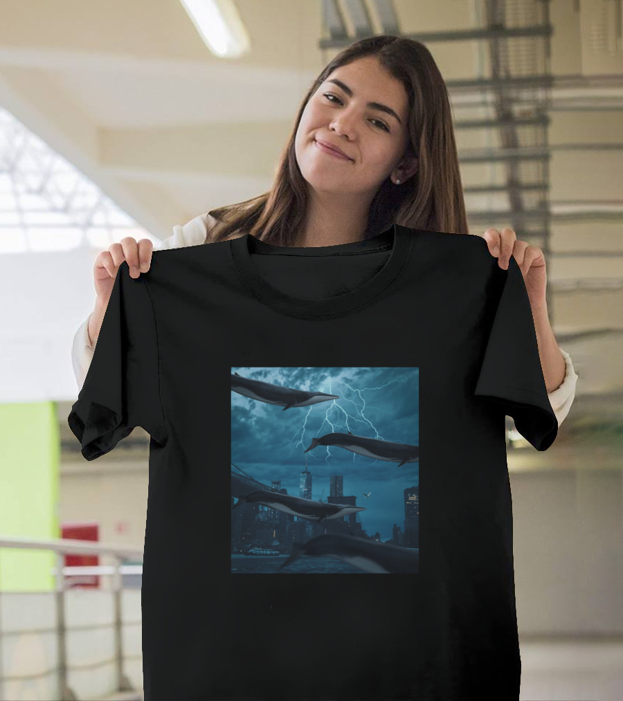 Whale Invasion New York City Skyline Lightning Storm T-Shirt
