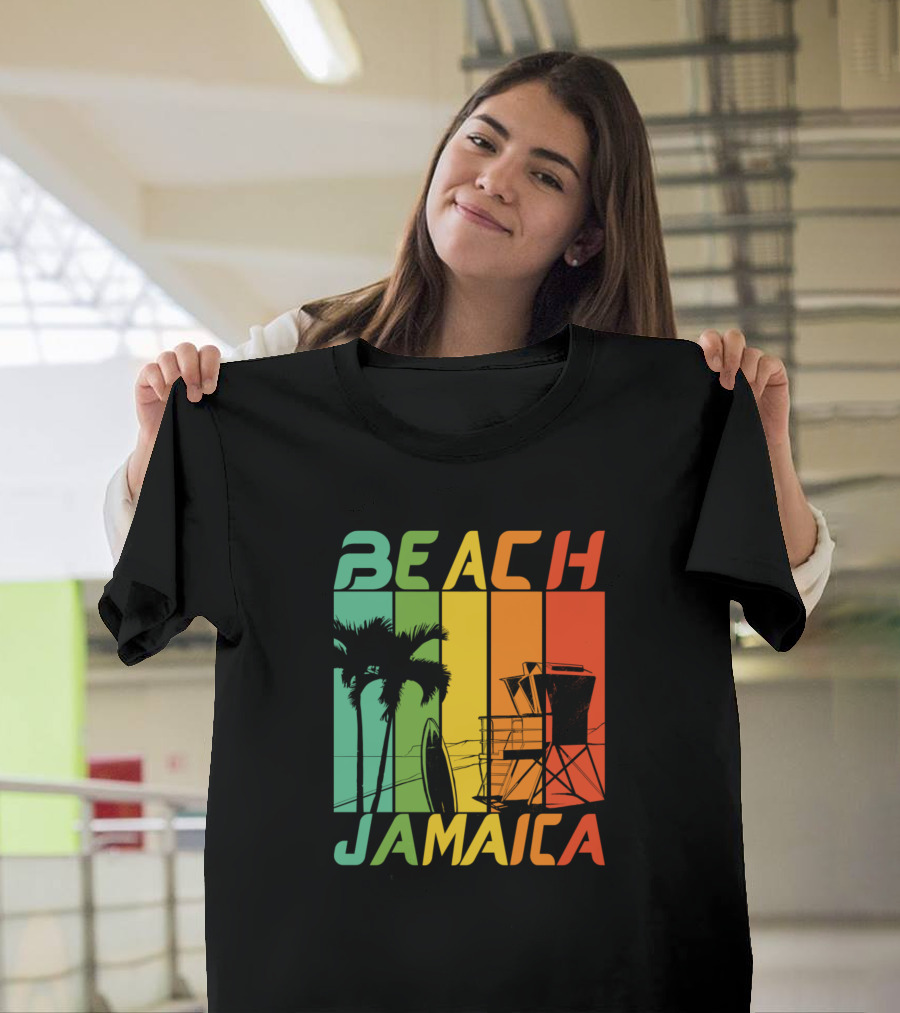 Beach Jamaica Palm Trees and Lifeguard Tower Retro Stripes T-Shirt