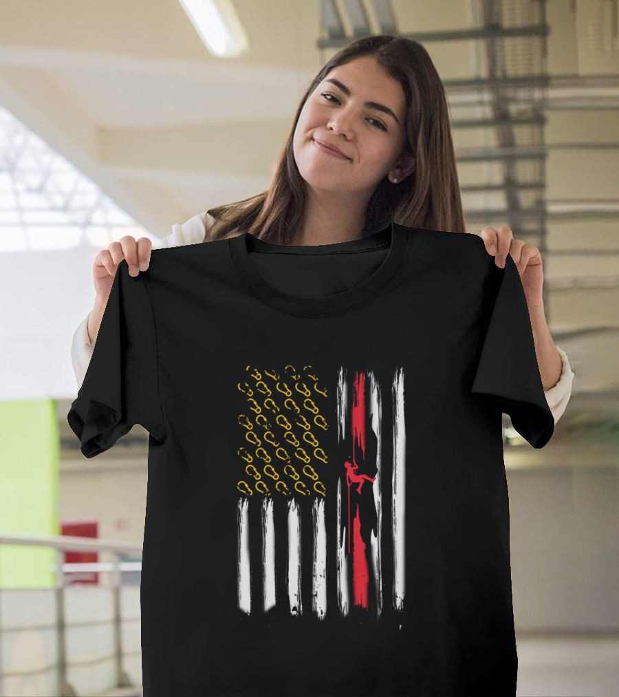 Man On A Rope Climbing Down A Grotto Inside American Flag With Carabiner Stars T-Shirt