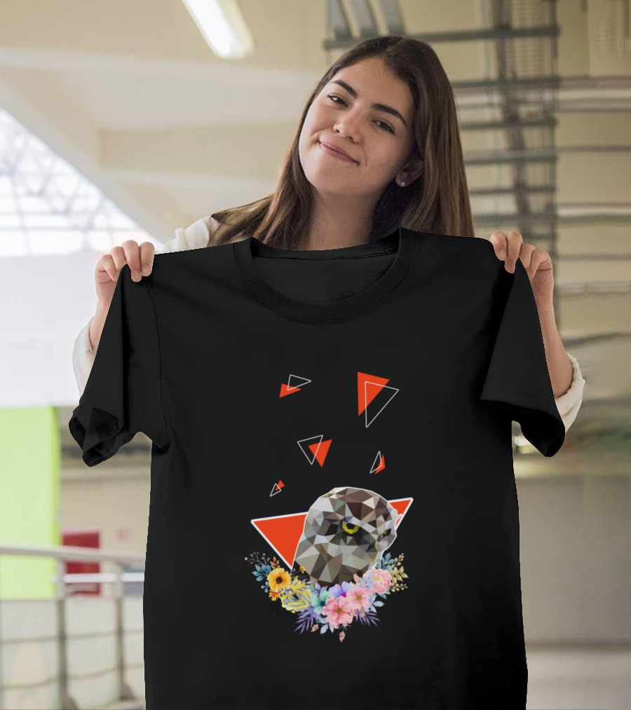 Burrowing Owl With Geometric Shapes and Colorful Flowers T-Shirt