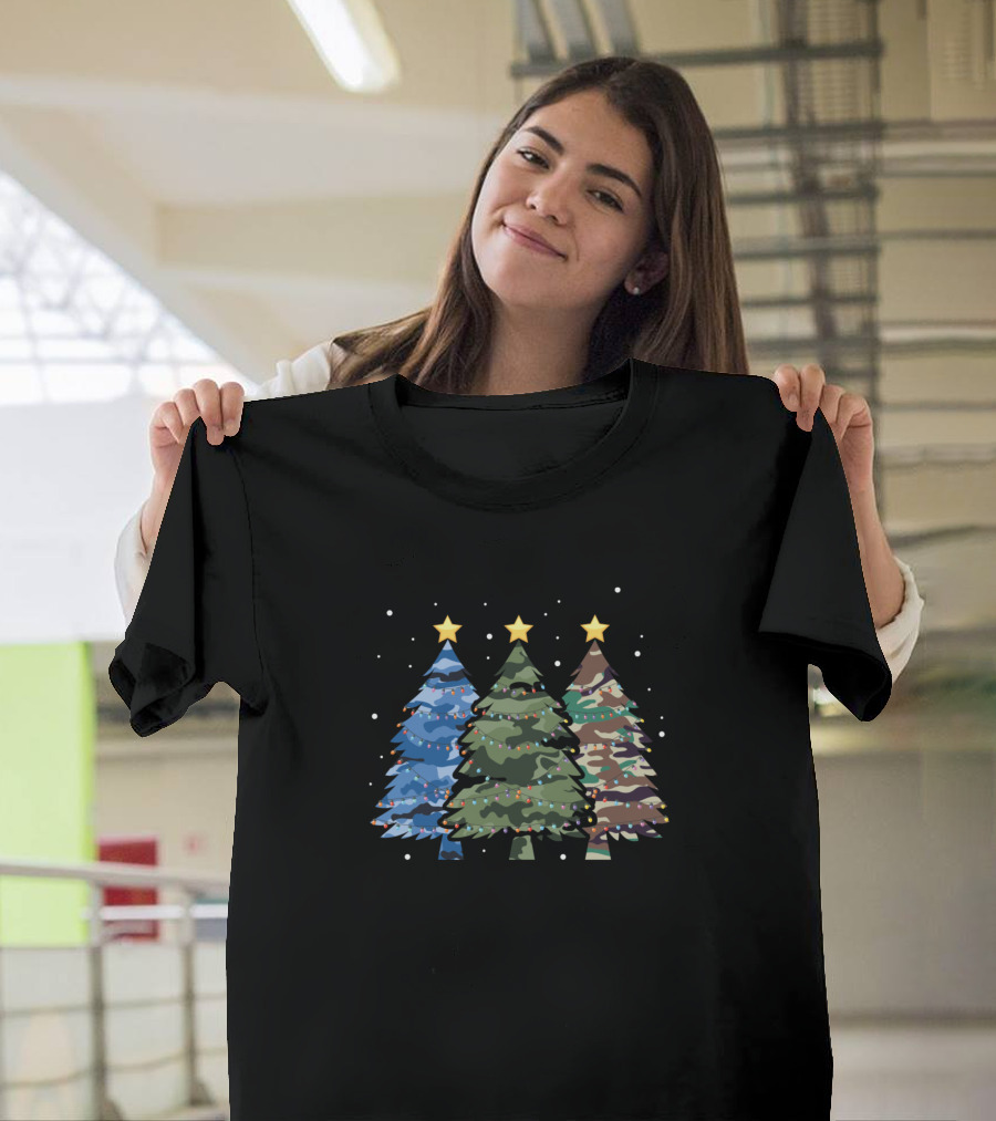 Christmas Tree Camo Camouflage Trio with Stars and Snowflakes T-Shirt