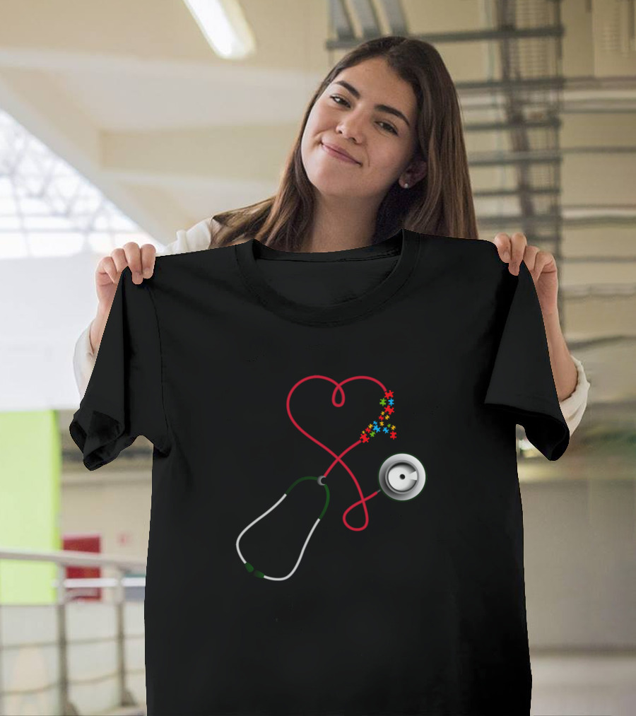 Nurse Heart Stethoscope Autism Puzzle T-Shirt