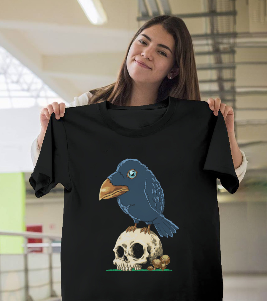 Skull Crow with Blue Bird Perched on Skull and Mushrooms T-Shirt