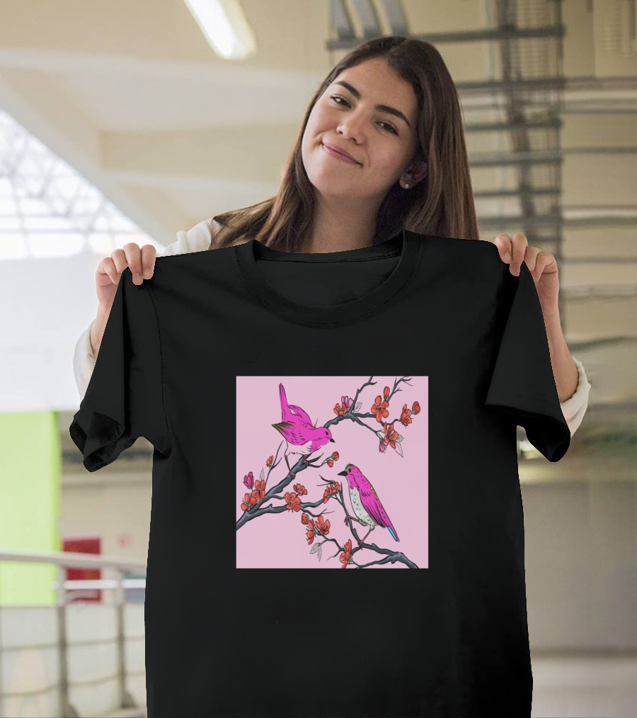 Pink Birds on Cherry Blossom Branches Chinese Flower Bed T-Shirt