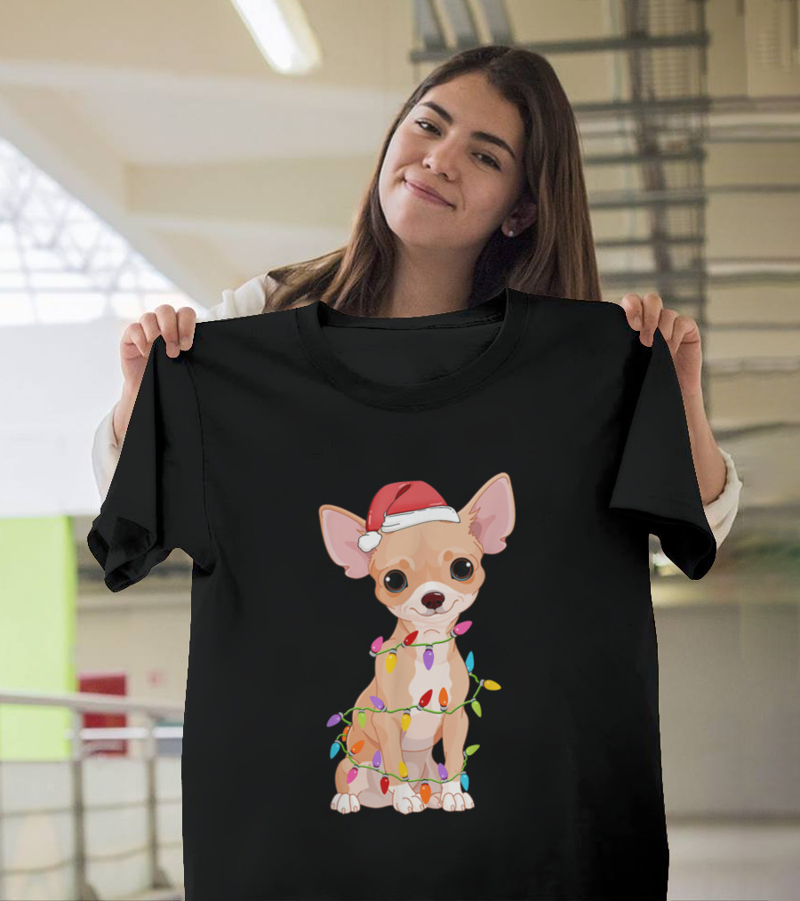 Chihuahua Christmas Lights Santa Hat T-Shirt