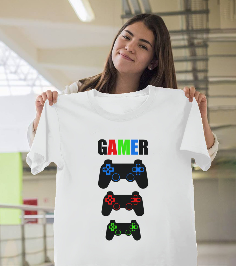 GAMER Colorful Word with PlayStation Style Game Console Controllers T-Shirt