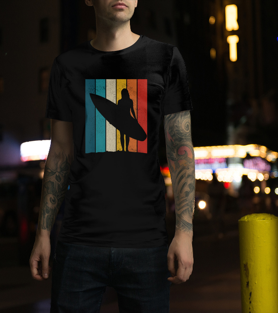 Surfer Girl Vintage Retro Surfing Beach Silhouette Stripes T-Shirt