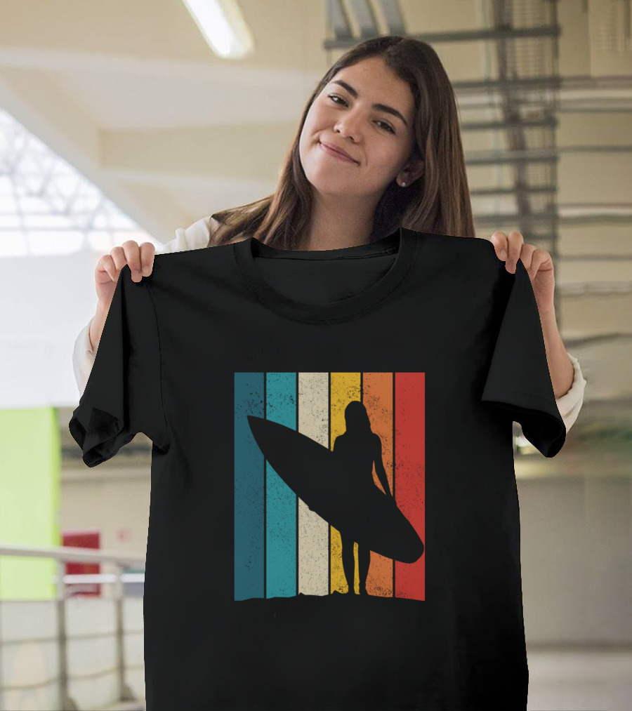 Surfer Girl Vintage Retro Surfing Beach Silhouette Stripes T-Shirt