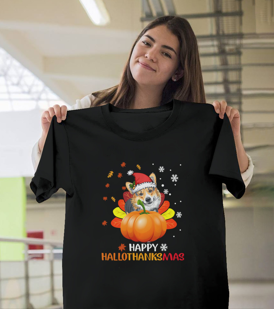 Corgi Happy Hallothanksmas Halloween Merry Christmas T-Shirt