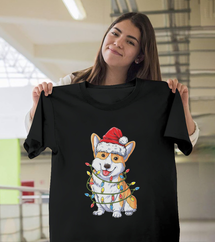 Corgi in Santa Hat Wrapped in Christmas Tree Lights T-Shirt