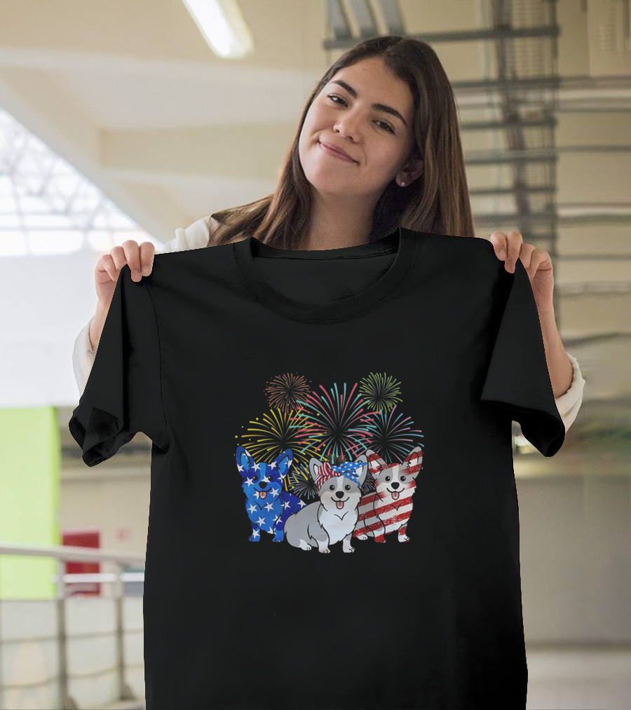 Dog American 4th of July Patriotic Corgis with Fireworks T-Shirt