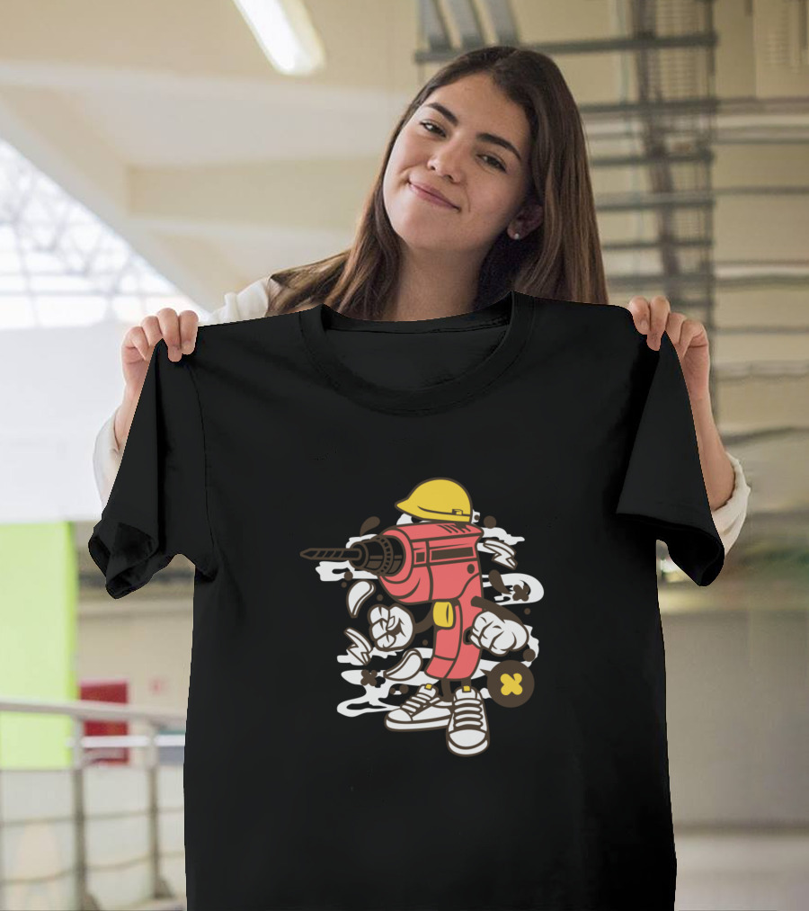 Drill Cartoon Character with Hard Hat and Sneakers T-Shirt