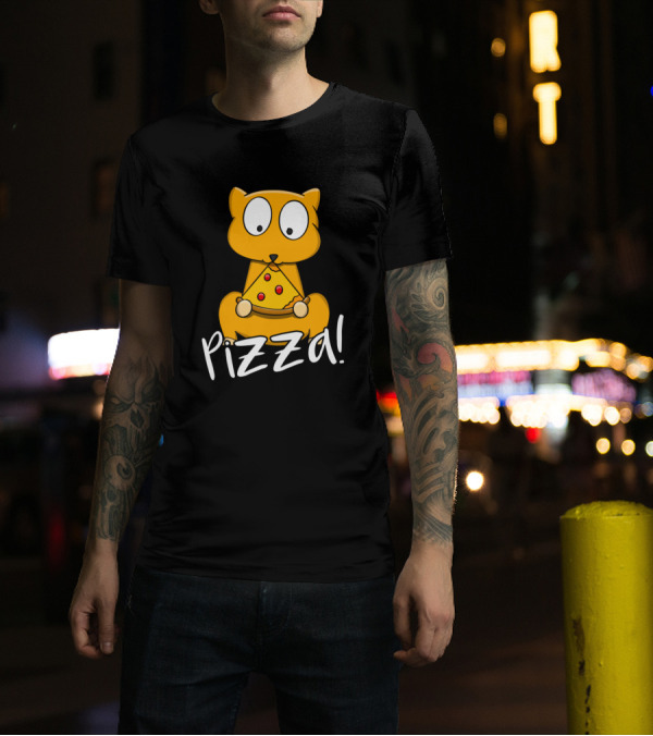 Cat Holding Pizza Slice With Pizza Text T-Shirt