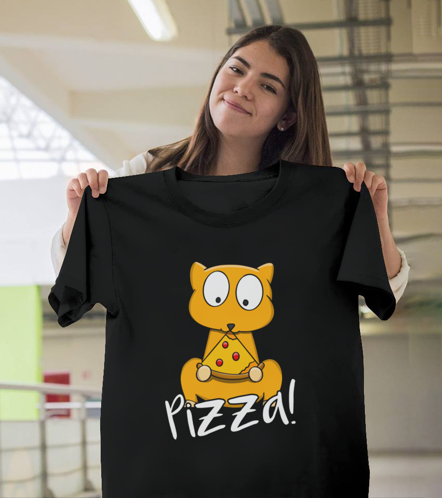 Cat Holding Pizza Slice with Pizza Text T-Shirt