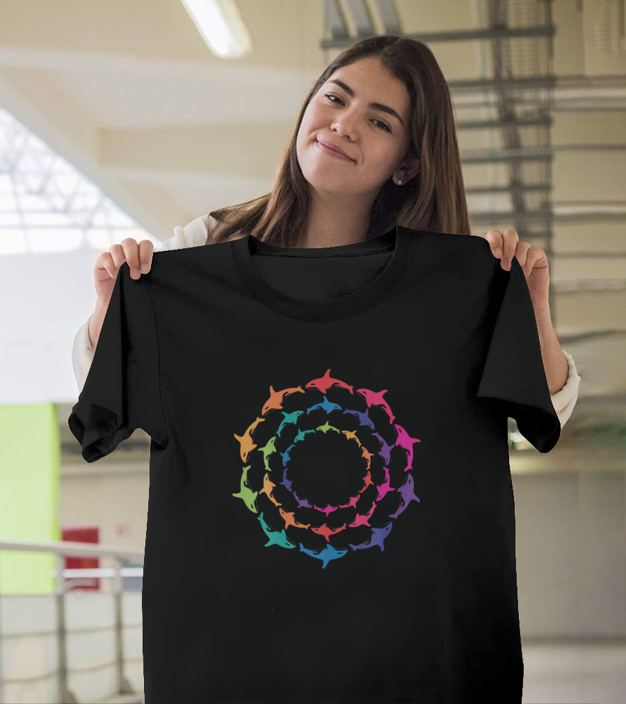 Killer Whale Orca Spiral in Vibrant Rainbow Circles T-Shirt