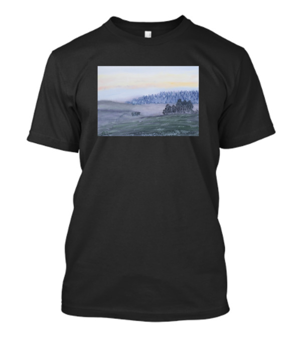 A Cow In A Misty Landscape With Foggy Trees And Hills At Dawn T-Shirt