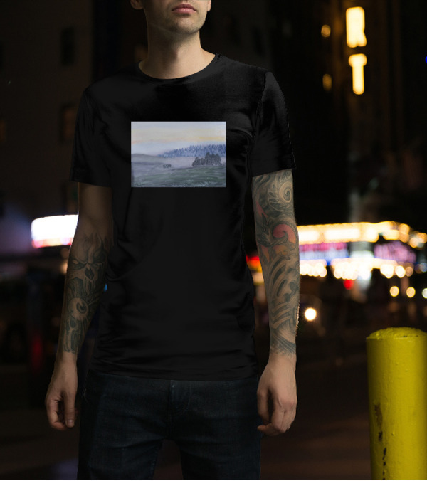 A Cow In A Misty Landscape With Foggy Trees And Hills At Dawn T-Shirt