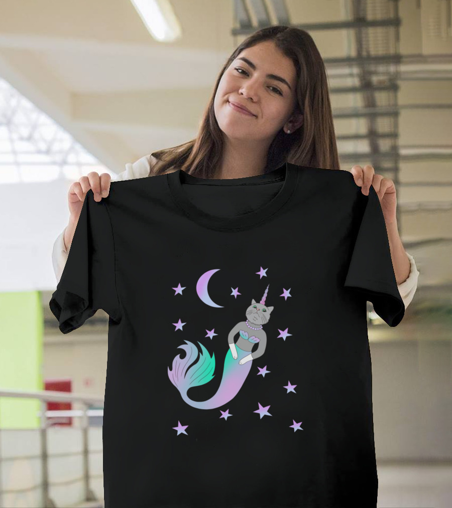 Cute Cat Unicorn Mermaid Fantasy in Space with Stars T-Shirt